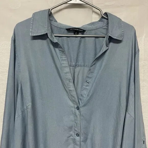 Zac & Rachel Women 2X Chambray Button Up Shirt Blue Tunic Roll Tab Sleeve Top - Picture 3 of 9